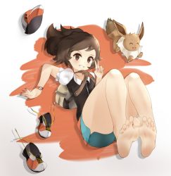 Rule 34 | 1girl, 1other, bag, barefoot, brown eyes, brown hair, creatures (company), eevee, elaine (pokemon), ethan(33327245), feet, flat chest, game freak, gen 1 pokemon, hat, highres, matching hair/eyes, nintendo, open mouth, pokemon, pokemon (creature), pokemon lgpe, ponytail, shoes, short sleeves, simple background, soles, toes, unworn shoes, watch, white background