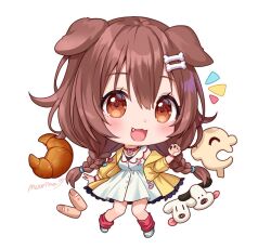 Rule 34 | 1girl, :3, :d, animal ears, artist name, blush, bone hair ornament, braid, brown eyes, brown hair, chibi, choker, commentary request, croissant, dog ears, dog girl, dress, eyelashes, fang, food, full body, futo-inu, green footwear, hair between eyes, hair ornament, hair tie, hand up, hololive, hoso-inu, inugami korone, inugami korone (1st costume), jacket, listener (inugami korone), long hair, long sleeves, looking at viewer, loose socks, low twin braids, moorina, notice lines, open clothes, open jacket, open mouth, pendant choker, red choker, red socks, shoes, sidelocks, signature, simple background, sleeveless, sleeveless dress, smile, socks, tongue, tongue out, twin braids, virtual youtuber, white background, white dress, yellow jacket
