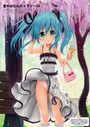 Rule 34 | 1girl, absurdres, adjusting hair, ai shite! homun, arm up, bag, bench, blue hair, blush, bow, bow panties, dress, endou hiroto, food, green eyes, handbag, highres, ice cream, ice cream cone, looking at viewer, open mouth, original, outdoors, panties, pink panties, soft serve, solo, source request, tenjouin miruku, tree, twintails, underwear, wind, wind lift