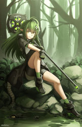 Rule 34 | 1girl, absurdres, animal, antenna hair, arknights, bare tree, bike shorts, black dress, black footwear, black gloves, black shorts, boots, breasts, brown eyes, commentary request, crocodile, crocodilian, crocodilian tail, day, dress, forest, gavial (arknights), gloves, green hair, green socks, grin, hair between eyes, hair ornament, high heel boots, high heels, highres, holding, knee up, long hair, looking at viewer, medium breasts, nature, ndtwofives, outdoors, pointy ears, short shorts, short sleeves, shorts, sitting, smile, socks, solo, tail, tree, twitter username, very long hair, water, wide sleeves