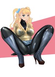 Rule 34 | 10s, 1girl, adapted costume, aqua eyes, arm support, asymmetrical hair, black bodysuit, blonde hair, blue eyes, bodysuit, bodysuit under clothes, boots, breasts, buttons, cardigan, earrings, eyebrows, eyelashes, full body, galko, gloves, hair bun, hair ornament, hair scrunchie, high heel boots, high heels, highres, jewelry, komii, large breasts, latex, latex boots, latex gloves, latex suit, long hair, long sleeves, looking at viewer, miniskirt, one side up, oshiete! galko-chan, parted lips, scrunchie, shiny clothes, side bun, single side bun, sitting, skin tight, skirt, solo, spread legs, wavy hair