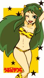 Rule 34 | 1girl, animal print, arms up, bikini, blue eyes, blush, boots, breasts, copyright name, green hair, highres, kantsu, large breasts, long hair, looking at viewer, lum, navel, one eye closed, oni, open mouth, pointy ears, simple background, solo, star (symbol), swimsuit, tiger print, urusei yatsura, very long hair, yellow background