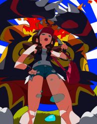 Rule 34 | 1girl, arms up, bag, baseball cap, black socks, black vest, blue eyes, blue shorts, blue sky, breasts, brown hair, claws, closed mouth, cloud, creatures (company), emboar, fang, female focus, fire, from below, furry, furry female, game freak, gen 5 pokemon, grass, half-closed eyes, hand on own hip, hand up, hat, highres, hilda (pokemon), holding, jpeg artifacts, kneehighs, long hair, looking at another, looking down, nintendo, open mouth, outdoors, pokemon, pokemon (creature), pokemon bw, red eyes, shirt, short shorts, shorts, sky, sleeveless, sleeveless shirt, small breasts, socks, standing, sweat, teeth, vest, white headwear, white shirt, wristband, yaya hiyayaka