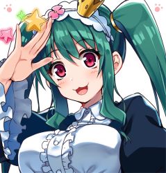 Rule 34 | 10s, 1girl, :3, crown, frills, green hair, hairband, highres, kuroi ginko, long hair, long sleeves, looking at viewer, maid, mini crown, planet with, puffy sleeves, raiou, red eyes, sidelocks, twintails, upper body
