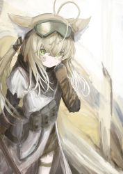 Rule 34 | 1girl, absurdres, animal ears, antenna hair, arknights, black bag, black gloves, blonde hair, blush, closed mouth, commentary request, cowboy shot, elbow gloves, expressionless, fox ears, fox girl, gloves, goggles, goggles on head, green eyes, hair between eyes, hair tubes, hand up, highres, long hair, long sleeves, looking at viewer, official alternate costume, piennamekuzi, pouch, shirt, solo, suzuran (arknights), suzuran (lostlands flowering) (arknights), thigh strap, white shirt