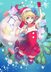 Rule 34 | 1girl, alice margatroid, alice margatroid (pc-98), armpits, bag, bare arms, bare shoulders, blonde hair, blue eyes, boots, box, culter, gift, gift box, gloves, hairband, hat, highres, open mouth, red footwear, red gloves, santa costume, santa hat, scarf, smile, solo, striped clothes, striped thighhighs, thighhighs, touhou, touhou (pc-98), zettai ryouiki