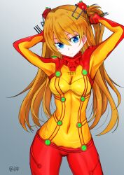 Rule 34 | 1girl, arms up, artist request, blue eyes, bodysuit, breasts, brown hair, evangelion: 2.0 you can (not) advance, expressionless, hair ornament, interface headset, long hair, looking at viewer, medium breasts, neon genesis evangelion, plugsuit, rebuild of evangelion, red bodysuit, see-through, see-through bodysuit, shiny clothes, simple background, solo, souryuu asuka langley, standing, stretching, test plugsuit, twintails, very long hair, wide hips