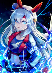 Rule 34 | 1girl, animal ears, belt, blue eyes, blue hairband, blue jacket, blue shirt, breasts, collarbone, commentary request, cowboy shot, crop top, cropped shirt, ear covers, electricity, fang, fingerless gloves, gloves, glowing, glowing eye, hachirou (crazy318), hair between eyes, hairband, hand on own hip, headband, highres, horse ears, horse girl, jacket, lightning bolt print, long hair, long sleeves, looking at viewer, midriff, navel, open mouth, pants, partial commentary, red headband, shirt, sidelocks, silver hair, small breasts, smile, solo, standing, tamamo cross (umamusume), umamusume, white pants