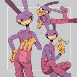 Rule 34 | 1boy, absurdres, colored skin, gloves, highres, holding, holding key, jax (the amazing digital circus), kageimo, key, male focus, multiple views, overalls, pink overalls, purple skin, rabbit boy, simple background, smile, the amazing digital circus, yellow gloves, yellow teeth
