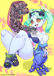 Rule 34 | 1girl, artificial eye, black bra, black jacket, black panties, bra, breasts, colored sclera, colored skin, cyberpunk (series), cyberpunk edgerunners, cyborg, fewer digits, green hair, highres, jacket, joints, leg tattoo, mechanical eye, mechanical hands, mechanical parts, neck tattoo, oversized forearms, oversized limbs, panties, petite, pink tattoo, rebecca (cyberpunk), red eyes, red pupils, red sclera, robot joints, see-through body, shepherd0821, small breasts, solo, stomach tattoo, tattoo, twintails, underwear, white skin