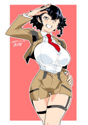 Rule 34 | 1girl, ;), absurdres, artist name, black hair, blazer, braid, breasts, brown eyes, brown jacket, brown shirt, casual, commentary, cowboy shot, dated, dress shirt, girls und panzer, gluteal fold, grin, hand on own hip, highres, jacket, large breasts, long sleeves, looking at viewer, necktie, one eye closed, outline, pepperoni (girls und panzer), red background, red necktie, salute, shinkuukan (tetsuo3), shirt, short hair, short shorts, shorts, side braid, signature, smile, solo, standing, thigh gap, thigh strap, white outline, white shirt, wing collar