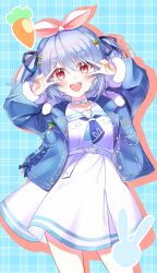 Rule 34 | 1girl, :d, absurdres, animal ears, blue background, blue hair, blue jacket, blue ribbon, breasts, commentary request, dress, drop shadow, fur-trimmed jacket, fur-trimmed sleeves, fur trim, hair between eyes, hair ribbon, hands up, highres, hololive, jacket, long sleeves, looking at viewer, medium breasts, open clothes, open jacket, open mouth, plaid, plaid background, puffy long sleeves, puffy sleeves, rabbit ears, ribbon, rin (ryne 0303), short eyebrows, smile, solo, standing, teeth, thick eyebrows, two side up, upper teeth only, usada pekora, v over eye, virtual youtuber, white dress