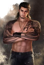 Rule 34 | 1boy, abs, anjingkuxiao, bara, beard, belt, brown hair, chest tattoo, cross, cross necklace, crossed arms, facial hair, final fantasy, final fantasy xv, gladiolus amicitia, highres, jewelry, leather, leather pants, male focus, muscular, muscular male, necklace, pants, pectorals, scar, scar across eye, scar on face, solo, stomach, stubble, tattoo, topless male