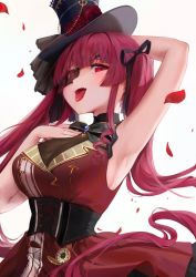 Rule 34 | 1girl, arm behind head, arm up, armpits, black bow, black hat, black ribbon, bodystocking, bow, bowtie, breasts, cleavage, commentary, corset, dress, eyepatch, fang, gothic lolita, hair ribbon, hand up, hat, highres, hololive, houshou marine, houshou marine (gothic lolita), large breasts, llttyyyuu, lolita fashion, long hair, looking at viewer, official alternate costume, open mouth, petals, pocket watch, red dress, red eyes, red hair, ribbon, see-through, see-through cleavage, skin fang, sleeveless, sleeveless dress, solo, tongue, tongue out, top hat, twintails, virtual youtuber, watch