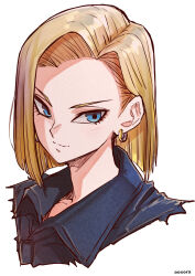 Rule 34 | 1girl, android 18, aosora2823, artist name, blonde hair, blue eyes, closed mouth, cropped torso, dragon ball, dragonball z, earrings, hair intakes, highres, jewelry, looking at viewer, medium hair, simple background, smile, solo, upper body, white background, wing collar