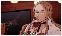 Rule 34 | 2girls, alcohol, black choker, blonde hair, blue eyes, blurry, blurry background, border, choker, coat, commentary, creatures (company), cup, drinking glass, earrings, english text, game freak, half-closed eyes, hand up, holding, holding cup, hoop earrings, indoors, jewelry, long hair, multiple girls, nail polish, nintendo, oleana (pokemon), parted lips, petalpaladin, pokemon, pokemon swsh, red lips, red nails, red shirt, shirt, subtitled, white border, white coat, wine, wine glass