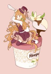 Rule 34 | 1girl, :d, arms up, back bow, blunt bangs, blush, bow, brown bow, brown eyes, chocolate, chocolate syrup, cross-laced clothes, cup, dated, dress, floating hair, flower, food, frilled dress, frills, from side, full body, haagen-dazs, hair flower, hair ornament, hair over shoulder, hair spread out, hat, hat bow, high heels, holding, holding spoon, ice cream, ice cream cup, in food, leaf, leaf hair ornament, light brown hair, lolita fashion, long hair, long sleeves, looking away, melanbread, mini hat, mini person, mini top hat, minigirl, no nose, open mouth, original, oversized food, oversized object, pleated dress, product placement, purple dress, purple hat, purple thighhighs, sash, shoes, short dress, signature, simple background, sitting, sitting on food, smile, solo, spoon, tan background, tareme, thighhighs, tilted headwear, top hat, very long hair, wariza, wavy hair, white flower, white footwear, white sash, zettai ryouiki
