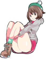 Rule 34 | 1girl, bobblehat, boots, brown eyes, brown footwear, brown hair, cardigan, creatures (company), cross-laced footwear, enpe, game freak, gloria (pokemon), green hat, green socks, grey cardigan, hair between eyes, hat, highres, hugging own legs, lace-up boots, long sleeves, looking at viewer, miniskirt, nintendo, pink skirt, pokemon, pokemon swsh, pom pom (clothes), short hair, simple background, sitting, skirt, smile, socks, solo, tam o&#039; shanter, thighs, white background