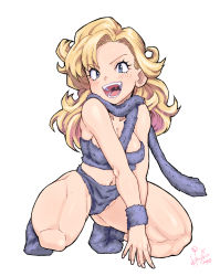 Rule 34 | 1girl, 2018, :d, ayla (chrono trigger), bandeau, bare shoulders, blonde hair, blue eyes, blush, breasts, chrono trigger, cleavage, fingernails, full body, grey footwear, grey panties, hair intakes, hori shin, looking at viewer, medium breasts, navel, open mouth, panties, signature, simple background, smile, socks, solo, square enix, squatting, teeth, thighs, underwear, uvula, v-shaped eyebrows, v arms, wavy hair, white background, wristband
