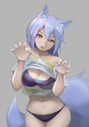 Rule 34 | 1girl, :d, absurdres, animal ears, arknights, bikini, breasts, claw pose, cleavage, commentary, cowboy shot, crop top, fang, grey background, hands up, highres, large tail, long hair, looking at viewer, medium breasts, midriff, navel, no pants, official alternate costume, open mouth, provence (arknights), provence (casual vacation) (arknights), purple bikini, purple hair, senmiao, shirt, short sleeves, simple background, smile, solo, standing, stomach, swimsuit, tail, white shirt, wolf ears, wolf tail, yellow eyes