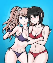 Rule 34 | 2girls, abs, absurdres, arm around shoulder, arm up, ass, bear hair ornament, bikini, black hair, blonde hair, blue background, blue eyes, blush, breasts, cleavage, collarbone, crossed arms, danganronpa: trigger happy havoc, danganronpa (series), danganronpa s: ultimate summer camp, enoshima junko, freckles, grey eyes, hair ornament, hand on another&#039;s shoulder, hand up, headwear request, highres, ikusaba mukuro, incest, jewelry, large breasts, long hair, looking at another, looking at viewer, medium hair, multiple girls, navel, neck, necklace, purple bikini, red bikini, ribs, siblings, simple background, sisters, smile, string bikini, swimsuit, thighs, thighs together, twincest, twins, twintails, v