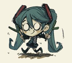 Rule 34 | 1girl, aqua hair, aqua necktie, black skirt, black sleeves, blank eyes, boots, chinese commentary, closed mouth, collared shirt, detached sleeves, don&#039;t starve, food, full body, grey shirt, hatsune miku, highres, holding, holding food, holding spring onion, holding vegetable, long hair, miniskirt, necktie, outstretched arms, parody, pleated skirt, shirt, simple background, skirt, smile, solo, spread arms, spring onion, style parody, suuroku, twintails, vegetable, vocaloid, walking