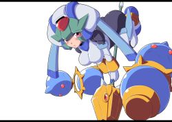 Rule 34 | 1girl, armor, ass, blush, bodysuit, breasts, capcom, female focus, green hair, helmet, letterboxed, looking at viewer, mega man (series), mega man zx, pandora (mega man), parted lips, pink eyes, semikichi, simple background, solo, staff, weapon, white background