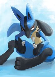 Rule 34 | brown eyes, closed mouth, creatures (company), furry, game freak, gen 4 pokemon, ikei, looking to the side, lucario, mixed-language commentary, nintendo, pokemon, pokemon (creature), signature, sitting, solo, spikes, toes, yellow fur