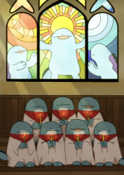 Rule 34 | candle, choir, christmas, church, commentary, creatures (company), game freak, gen 2 pokemon, holding, holding candle, indoors, light rays, lineup, nintendo, no humans, pic koiwai, pokemon, pokemon (creature), praying, quagsire, religion, robe, stained glass, window