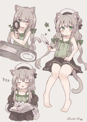 Rule 34 | absurdres, animal ears, artist name, bare legs, barefoot, beret, brown skirt, cat, cat ears, cat girl, cat tail, colon br, green eyes, green vest, grey hair, hat, highres, holding, holding quill, original, quill, skirt, tail, vest, zzz