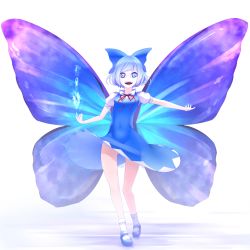 Rule 34 | .co, 1girl, alternate wings, backlighting, blue eyes, blue hair, bow, butterfly wings, cirno, commentary, covered navel, evil smile, gradient background, groin, hair bow, highres, insect wings, loafers, looking at viewer, magic, mary janes, matching hair/eyes, neck ribbon, open mouth, outstretched arm, puffy short sleeves, puffy sleeves, ribbon, see-through, serious, shoes, short hair, short sleeves, smile, solo, thigh gap, touhou, wings