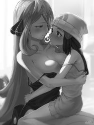 Rule 34 | 2girls, artist name, bad id, bad pixiv id, bare shoulders, beanie, blonde hair, blush, breasts, camisole, cleavage, commentary request, creatures (company), cynthia (pokemon), dawn (pokemon), game freak, hair ornament, hair over one eye, hairclip, hand on another&#039;s hip, hat, highres, hug, large breasts, long hair, looking at another, monochrome, multiple girls, nintendo, pokemon, pokemon dppt, sitting, sitting on lap, sitting on person, sleeveless, smile, spaghetti strap, u-doku, undershirt, very long hair, yuri