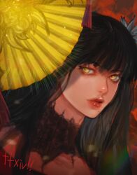 Rule 34 | 1girl, absurdres, alternate eye color, black collar, black hair, close-up, collar, copyright name, final fantasy, final fantasy xiv, flower, folding fan, from side, hair flower, hair ornament, hand fan, highres, hyur, lace collar, long hair, looking at viewer, mole, mole under mouth, portrait, realistic, red background, red lips, rugi rugi, sideways glance, solo, tassel, yellow eyes, yotsuyu goe brutus
