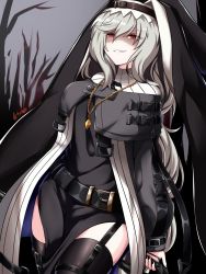 Rule 34 | 1girl, arknights, black headwear, black nails, black thighhighs, breasts, capelet, coat, commentary, cowboy shot, english commentary, garter straps, grey background, grey capelet, grey coat, grey hair, habit, hair between eyes, highres, holding, holding weapon, jewelry, kimofest, long hair, looking at viewer, mixed-language commentary, nail polish, necklace, nun, off shoulder, open clothes, open coat, parted lips, pelvic curtain, red eyes, signature, small breasts, smile, specter (arknights), thighhighs, turtleneck, weapon