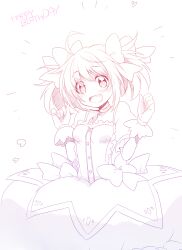 Rule 34 | 1girl, ahoge, bow, bubble skirt, buttons, center frills, chest jewel, choker, colored lineart, commentary request, cowboy shot, dress, dress bow, frilled dress, frilled skirt, frilled sleeves, frills, gloves, hair bow, happy birthday, heart, kaname madoka, light blush, lineart, looking at viewer, magical girl, mahou shoujo madoka magica, mahou shoujo madoka magica (anime), miniskirt, notice lines, open mouth, puffy short sleeves, puffy sleeves, short dress, short hair, short sleeves, short twintails, simple background, skirt, smile, solo, square neckline, twintails, usamata, white background