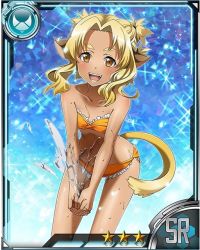 Rule 34 | 10s, 1girl, alicia rue, animal ears, bare shoulders, bikini, blonde hair, brown eyes, card (medium), cat ears, cat tail, collarbone, fang, flat chest, interlocked fingers, leaning forward, looking at viewer, open mouth, orange bikini, own hands clasped, own hands together, short hair with long locks, sidelocks, solo, star (symbol), strapless, strapless bikini, swimsuit, sword art online, tail, water