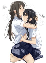 2girls bite_mark bite_mark_on_leg bite_mark_on_neck black_hair blue_skirt blush brown_hair commentary corrupted_twitter_file haidao_mao half_up_braid hashtag-only_commentary highres hug long_hair midriff miyagi_shiori multiple_girls navel open_mouth pleated_skirt school_uniform sendai_hazuki shirt short_hair shuuniichido_classmate_wo_kau_hanashi sidelocks skirt straddling sweat translation_request white_background white_shirt yuri