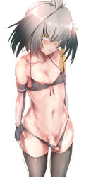 Rule 34 | 10s, 1girl, arms at sides, bikini, black bikini, black gloves, black hair, black thighhighs, bulge, closed mouth, collarbone, covered erect nipples, erection, erection under clothes, expressionless, fingerless gloves, flat chest, futanari, genderswap, genderswap (ftm), gloves, gradient hair, green eyes, head tilt, kemono friends, looking at viewer, male focus, multicolored hair, navel, no testicles, penis, shiny skin, shoebill (kemono friends), silver hair, simple background, solo, stomach, swimsuit, tai (nazutai), thighhighs, white background