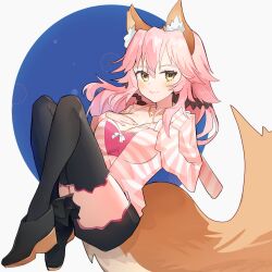 Rule 34 | 1girl, animal ear fluff, animal ears, arkchsky, black scrunchie, black thighhighs, blush, bra, breasts, cleavage, closed mouth, collarbone, commentary, fang, fate/extra, fate/extra ccc, fate/grand order, fate (series), fox ears, fox girl, fox tail, hand on own chest, hood, hoodie, jacket, large breasts, long hair, looking at viewer, official alternate costume, open clothes, open jacket, pink bra, pink hair, pink hoodie, scrunchie, skin fang, smile, solo, striped clothes, striped hoodie, striped jacket, tail, tamamo (fate), tamamo no mae (fate/extra), tamamo no mae (spring casual) (fate), thighhighs, underwear, yellow eyes
