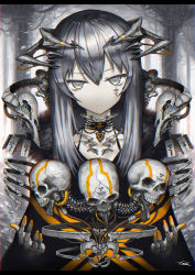 Rule 34 | 1girl, blurry, blurry background, cable, choker, commentary request, cyborg, gia, grey eyes, headgear, highres, long hair, looking at viewer, mechanical hands, original, pale skin, signature, silver hair, skull, solo, straight hair, tattoo