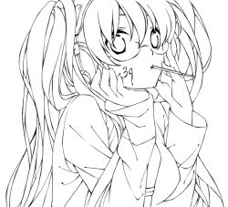 Rule 34 | 1girl, bad id, bad pixiv id, citri, food, glasses, greyscale, hatsune miku, headphones, long hair, looking at viewer, monochrome, pocky, simple background, solo, vocaloid, white background, yuetsuki (ash)