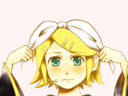 Rule 34 | 1girl, ataru (7noise), bad id, bad pixiv id, blonde hair, green eyes, hairband, kagamine rin, looking at viewer, microphone, portrait, sad, solo, vocaloid, wavy mouth