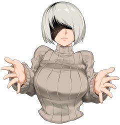 Rule 34 | 1girl, 2b (nier:automata), alternate breast size, alternate costume, bakkanki, black blindfold, blindfold, breasts, cropped torso, facing viewer, grey sweater, large breasts, long sleeves, mole, mole under mouth, nier:automata, nier (series), outstretched arms, pink lips, ribbed sweater, short hair, silver hair, simple background, smile, solo, sweater, swept bangs, upper body, white background