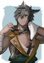 Rule 34 | 1boy, animal ears, warrior of light (ff14), bad id, bad pixiv id, bandaged arm, bandages, belt, black hair, blue background, border, brown belt, cat boy, cat ears, chest belt, closed mouth, clothing request, commentary request, dark-skinned male, dark skin, eyes visible through hair, facial scar, final fantasy, final fantasy xiv, goggles, goggles around neck, unworn goggles, green eyes, hair between eyes, looking away, male focus, miqo&#039;te, mn (zig r14), outside border, pectorals, scar, scar on cheek, scar on face, short hair, sideways glance, simple background, solo, split mouth, toned, toned male, twitter username, white border, wiping