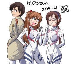 Rule 34 | 2024, 3girls, anger vein, blue eyes, bodysuit, breasts, brown eyes, brown hair, dated, disgust, evangelion: 3.0+1.0 thrice upon a time, glasses, green eyes, hair between eyes, hairband, hand on own hip, highres, ibuki maya, long hair, looking at another, low twintails, makinami mari illustrious, medium breasts, multiple girls, neon genesis evangelion, open mouth, plugsuit, rebuild of evangelion, red-framed eyewear, sashimi (sasihmi), short hair, size difference, smile, souryuu asuka langley, translation request, twintails, uniform, white background, wide hips