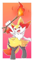 Rule 34 | 1girl, animal ear fluff, animal ears, animal feet, animal hands, animal nose, arm up, black fur, blush, body fur, border, braixen, creatures (company), fang, female focus, fire, flat chest, fox ears, fox girl, fox tail, furry, furry female, game freak, gen 6 pokemon, gradient background, happy, highres, holding, holding stick, light blush, looking up, multicolored fur, neck fur, nintendo, open mouth, outline, outside border, outstretched arm, pokemon, pokemon (creature), pyrokinesis, red eyes, riipappa, simple background, smile, snout, solo, stick, tail, white border, white fur, white outline, yellow fur