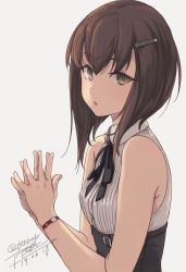 Rule 34 | 1girl, 2019, black dress, black neckwear, breasts, brown eyes, brown hair, collared dress, dated, dress, fingers together, from side, grey background, grey dress, hair ornament, hairclip, kantai collection, looking at viewer, medium hair, parted lips, rokuwata tomoe, signature, simple background, sleeveless, sleeveless dress, small breasts, solo, taihou (kancolle), twitter username, two-tone dress, upper body, wristband