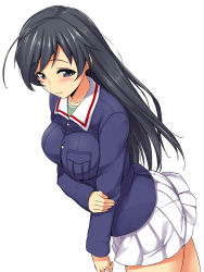 Rule 34 | 10s, 1girl, black hair, blue eyes, blush, breast hold, breasts, girls und panzer, holding own arm, isuzu hana, jacket, kuimono, large breasts, long hair, long sleeves, looking at viewer, mikemono yuu, military, military uniform, miniskirt, pleated skirt, simple background, skirt, solo, standing, uniform, white background, white skirt
