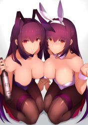 Rule 34 | 2girls, animal ears, bare shoulders, blush, bottle, breast press, breasts, cleavage, collarbone, commentary request, detached collar, fake animal ears, fate/grand order, fate (series), fishnet pantyhose, fishnets, high heels, kameponde, kneeling, large breasts, leotard, long hair, multiple girls, official alternate costume, pantyhose, playboy bunny, purple hair, rabbit ears, red eyes, scathach (fate), scathach (piercing bunny) (fate), scathach skadi (fate), smile, strapless, strapless leotard, symmetrical docking, thigh strap, white background, wine bottle, wrist cuffs