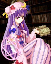 Rule 34 | 1girl, bad id, bad pixiv id, book, brave (pixiv), female focus, hat, hexagram, inactive account, library, long hair, magic circle, patchouli knowledge, purple hair, ribbon, solo, touhou, voile